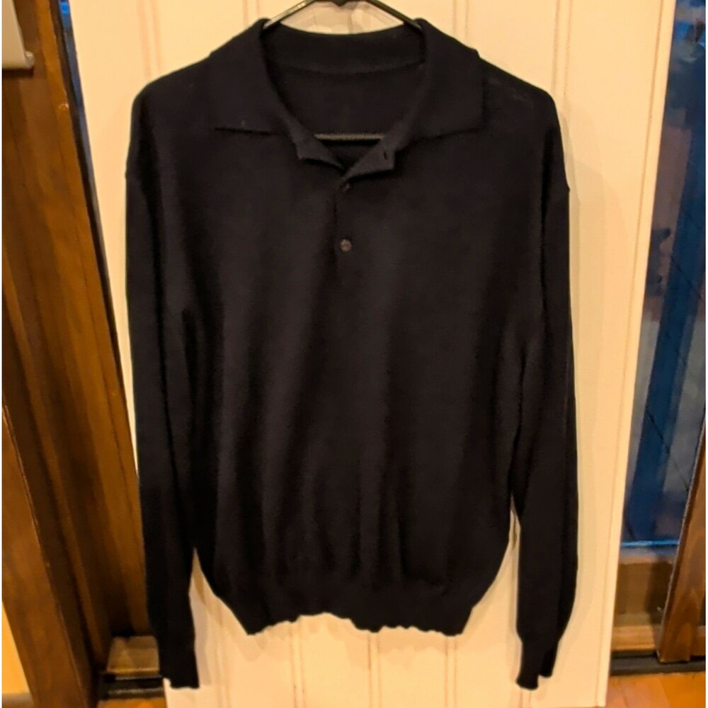 Woolmark Men’s L Black Merino Wool Knit Collared Button-Neck Pullover Sweater